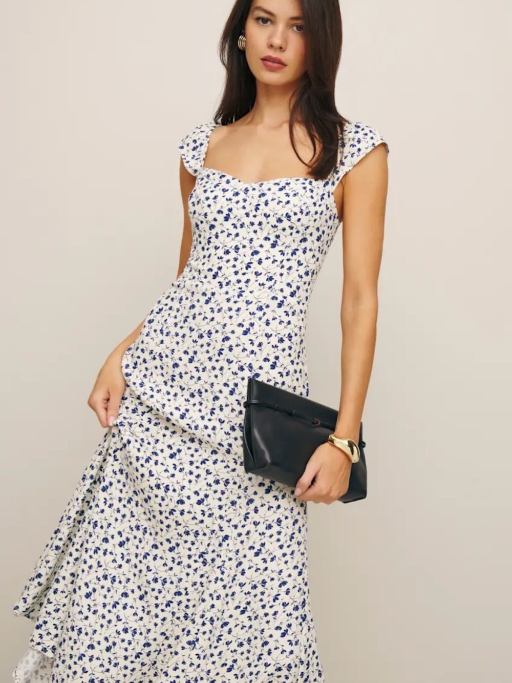Reformation White Maxi Dress with Blue Floral Print